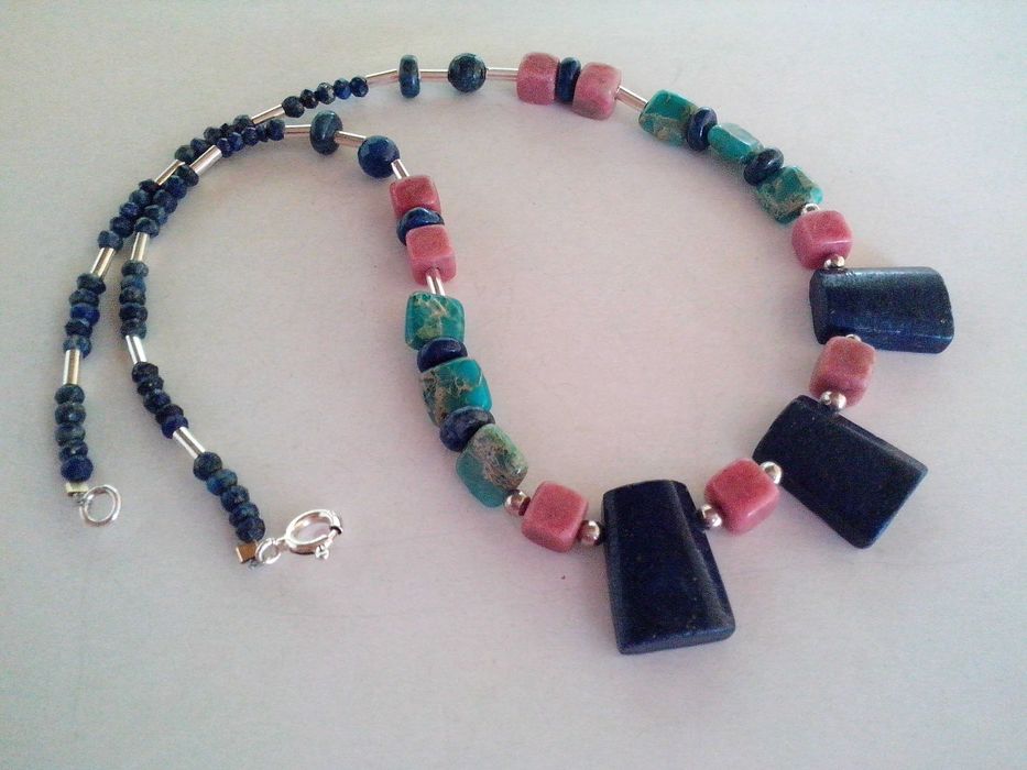 colier argint,lapis lazuli,rodonit,jasp aqua terra,pietre naturale