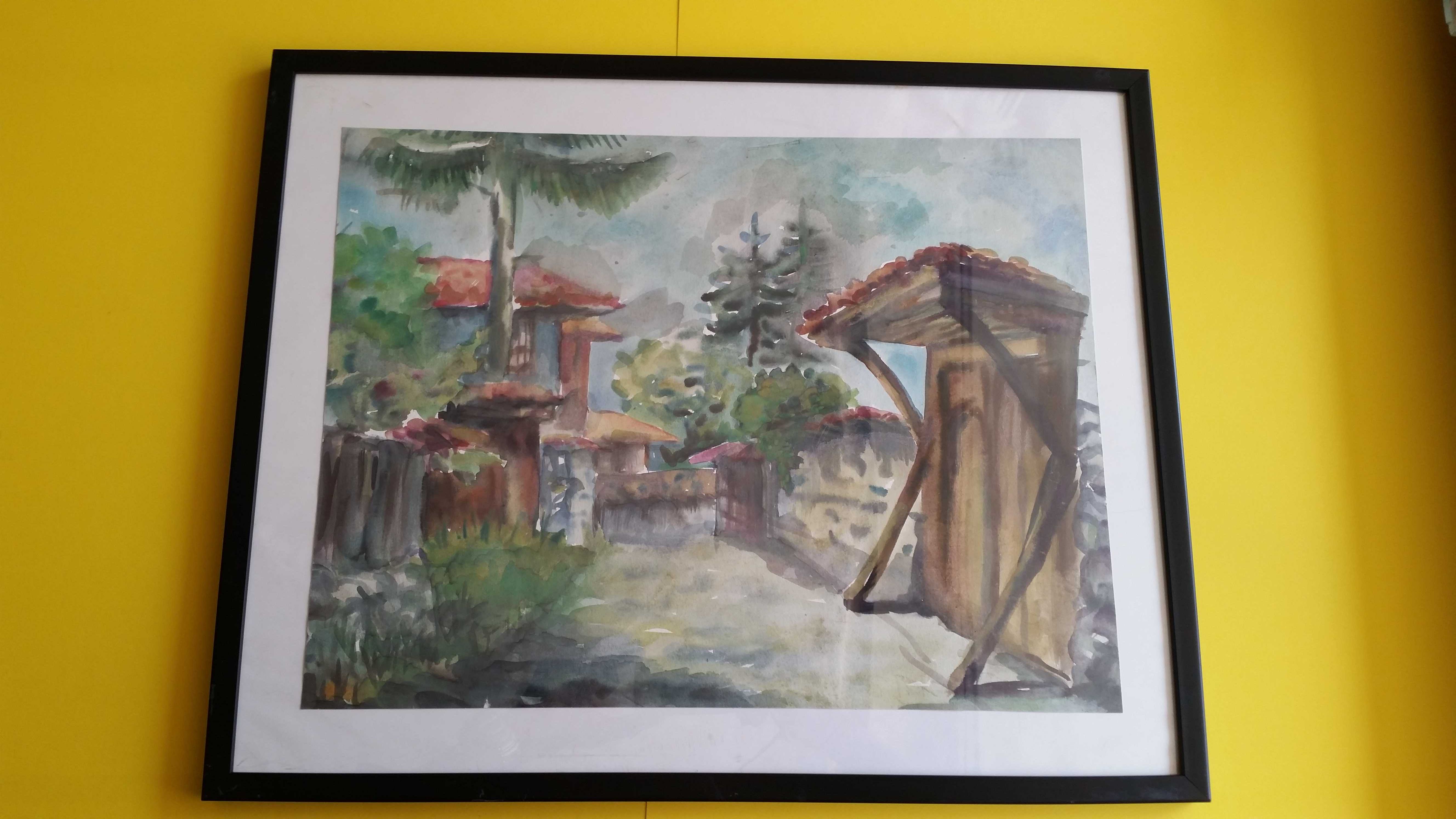 Малка селска уличка. Красив акварел. Голям.