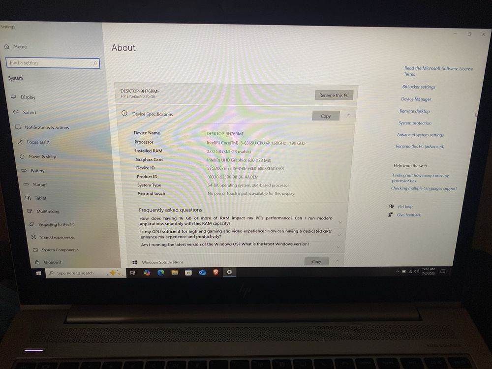 HP EliteBook 850 G6 | i5-8365U Quad-Core | 32GB RAM|SSD Samsung 256GB|
