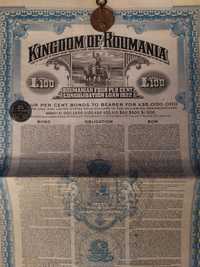 100 lire sterline aur 1923 Romania obligatiune neincasata cu cupoane