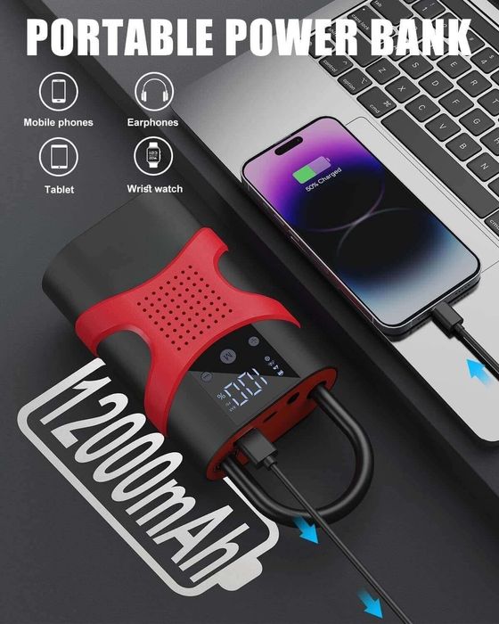 Starter auto portabil, 12000mAh pornire auto,  powerbank, compresor