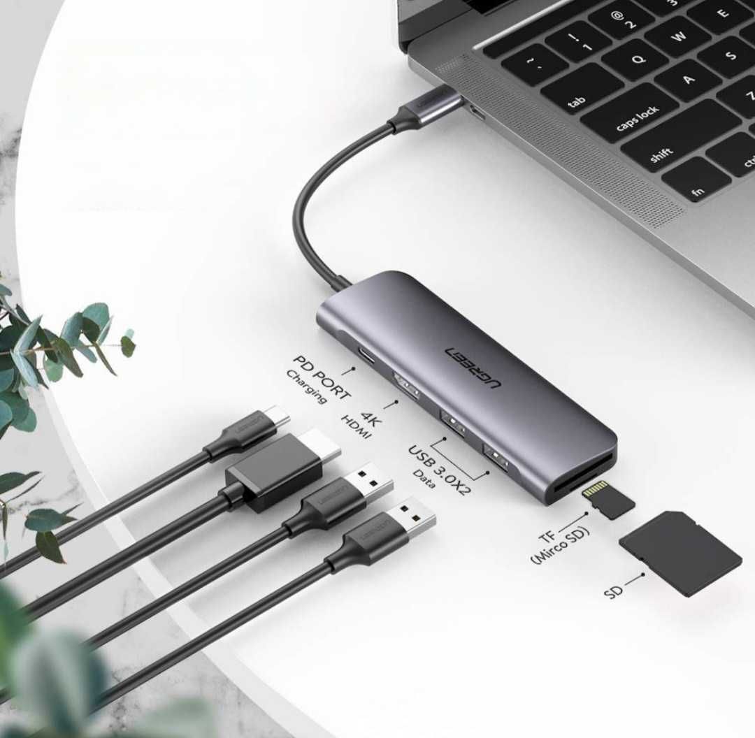 Хъб UGREEN, 6 в 1, USB-C към 2 x USB 3.0, HDMI 4K, microSD и USB-C