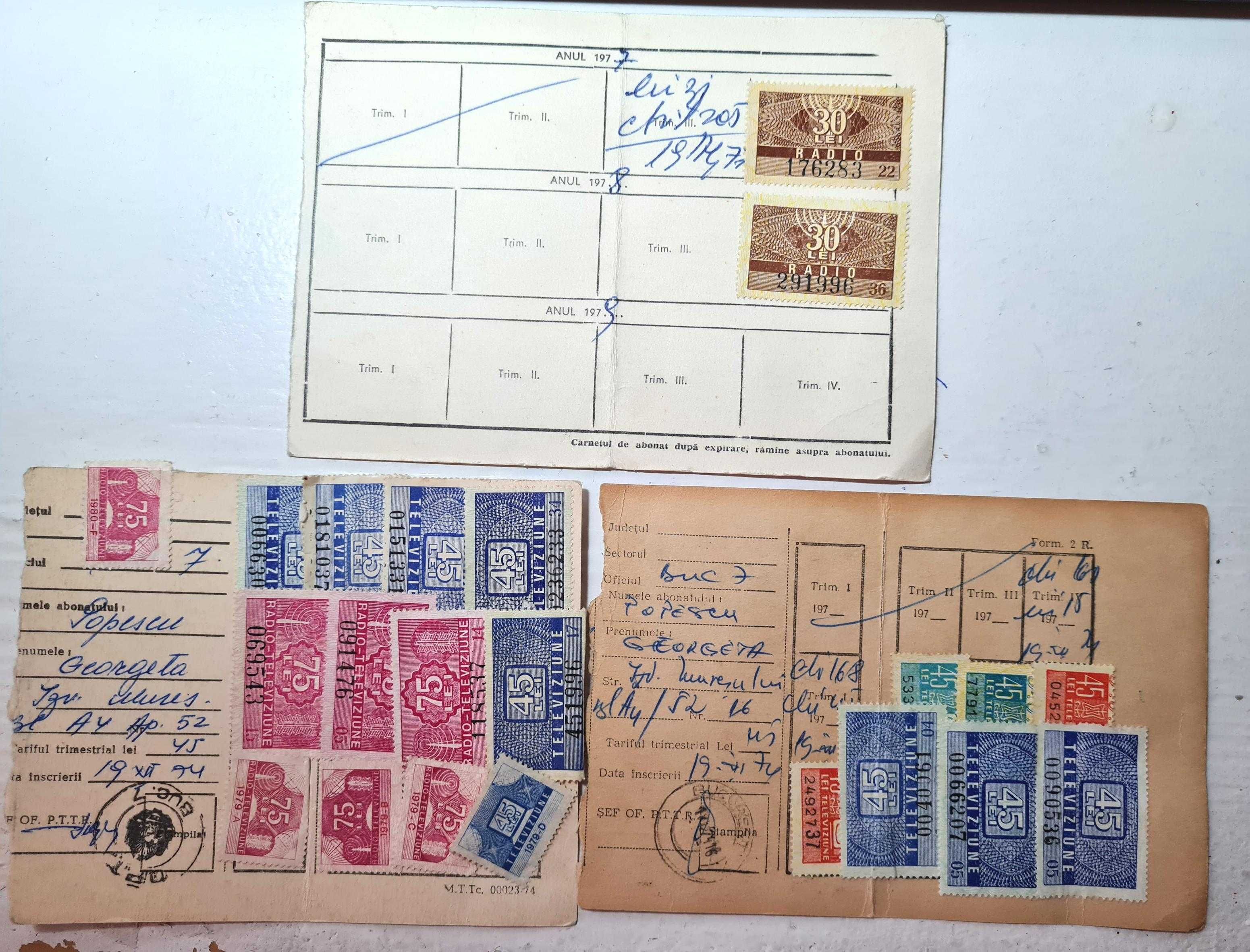 3 carnete de abonat radio și tv, anii 70, cu timbre valorice