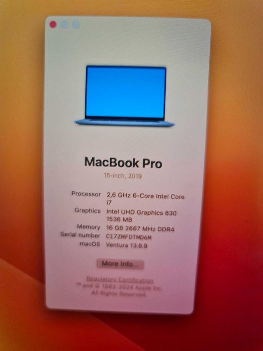 Laptop MacBook Pro 16 2019 CPU 2.6 16GB, 512 SSD