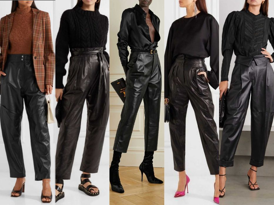 Pantaloni talie inalta negri piele naturala