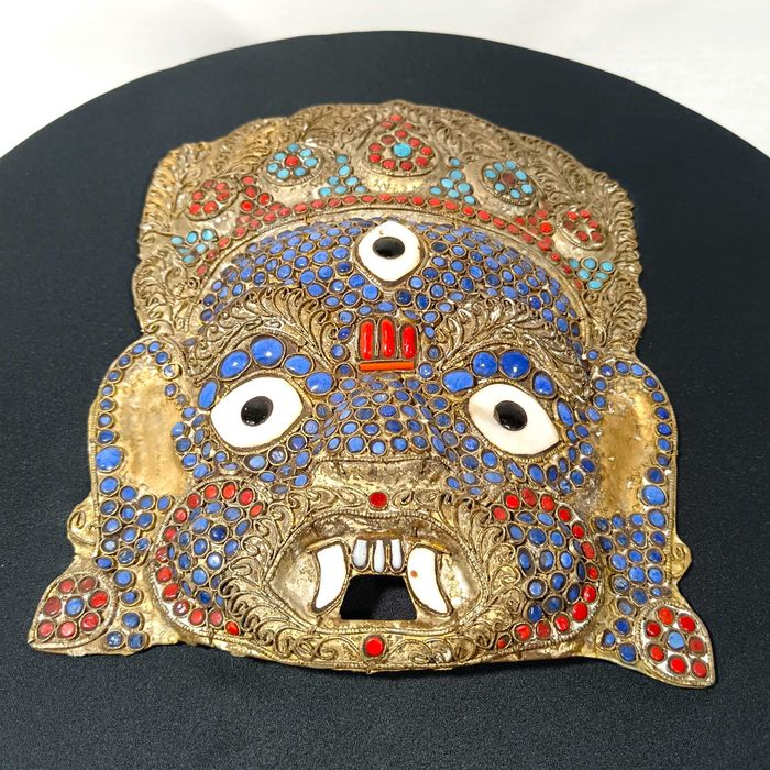 Masca antica tibetana traditionala Buddha Mahakala, turcoaze, coral