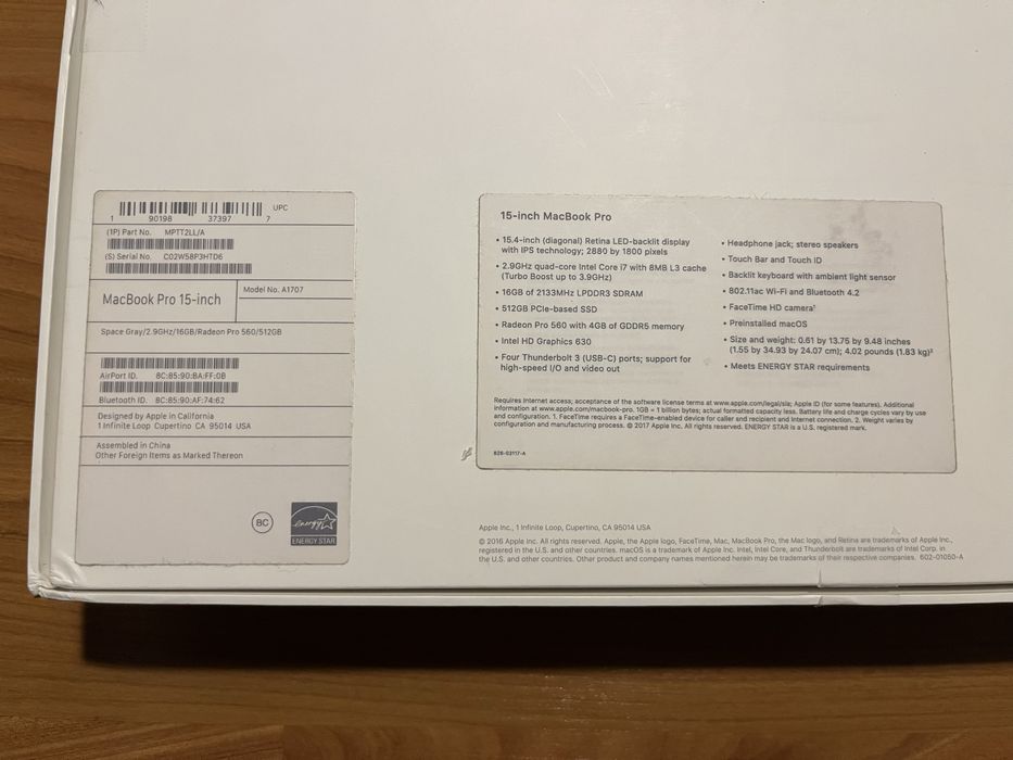 Apple MacBook Pro 15 inch Intel 2.9Ghz 16GB RAM 512GB SSD Radeon 560