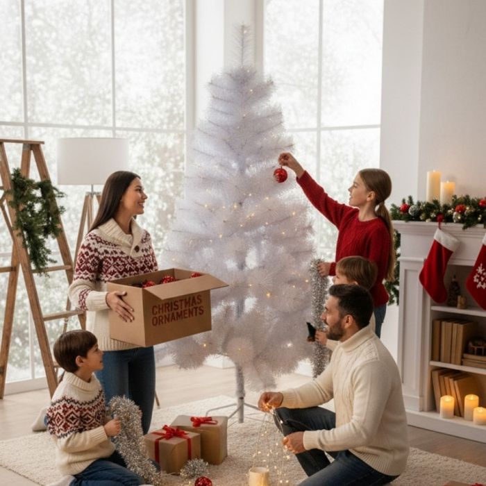 Изкуствена коледна елха в бяло – пухкав снежен ефект