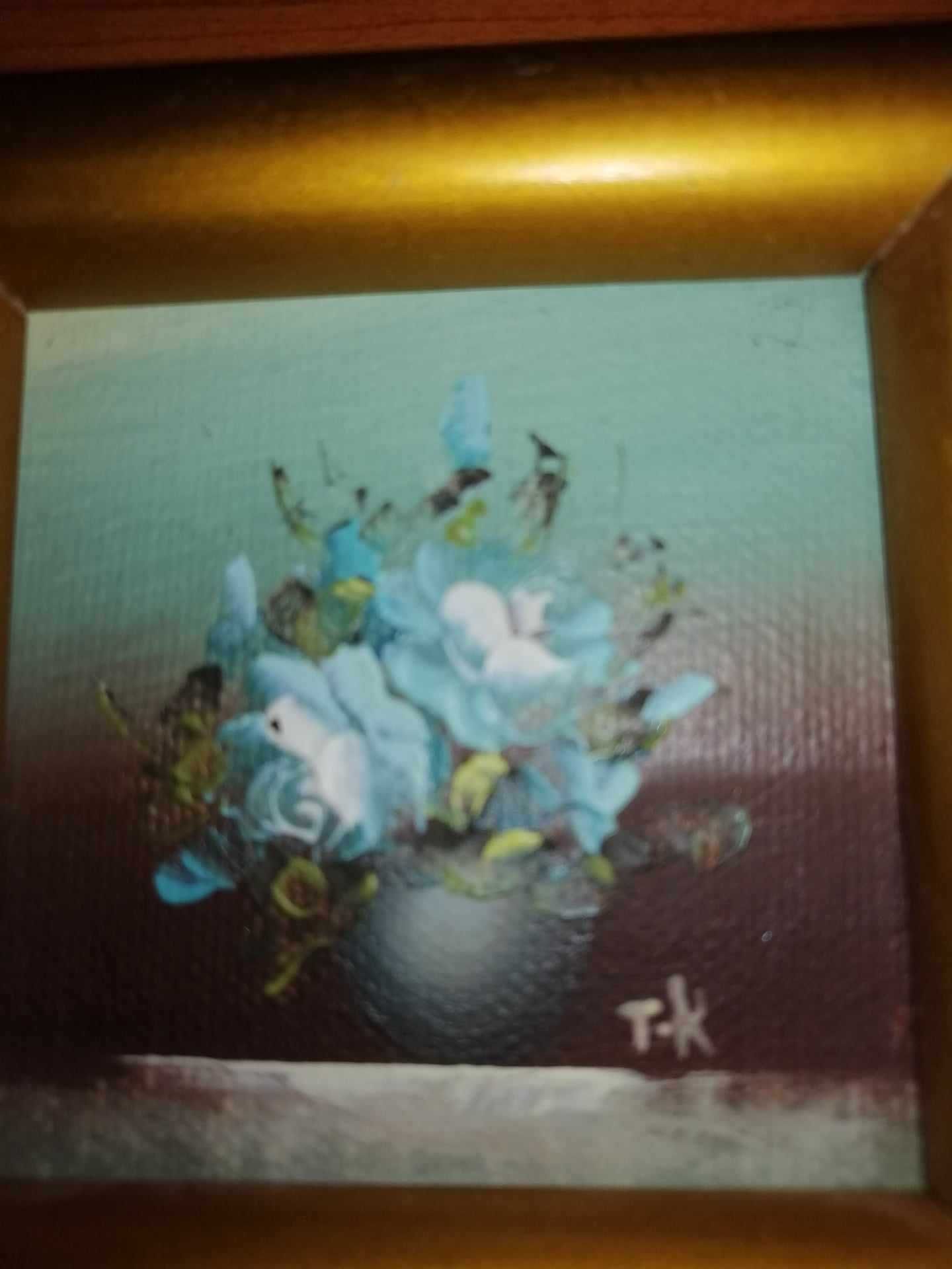 Tablouri miniatura pictura ulei pe placaj vaza buchet de flori semnat