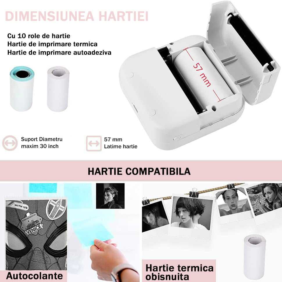 Mini imprimanta termica portabila pentru telefon, 1 rola hartie