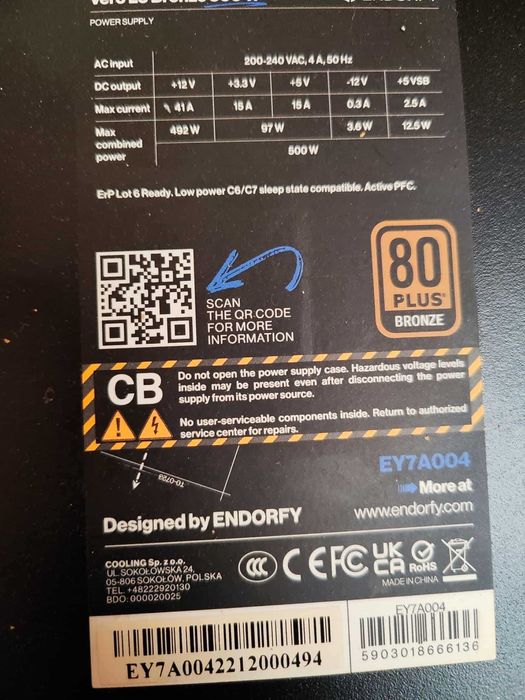 Захранване Endorfy Vero L5, 500W, Active PFC, 80 PLUS Bronze