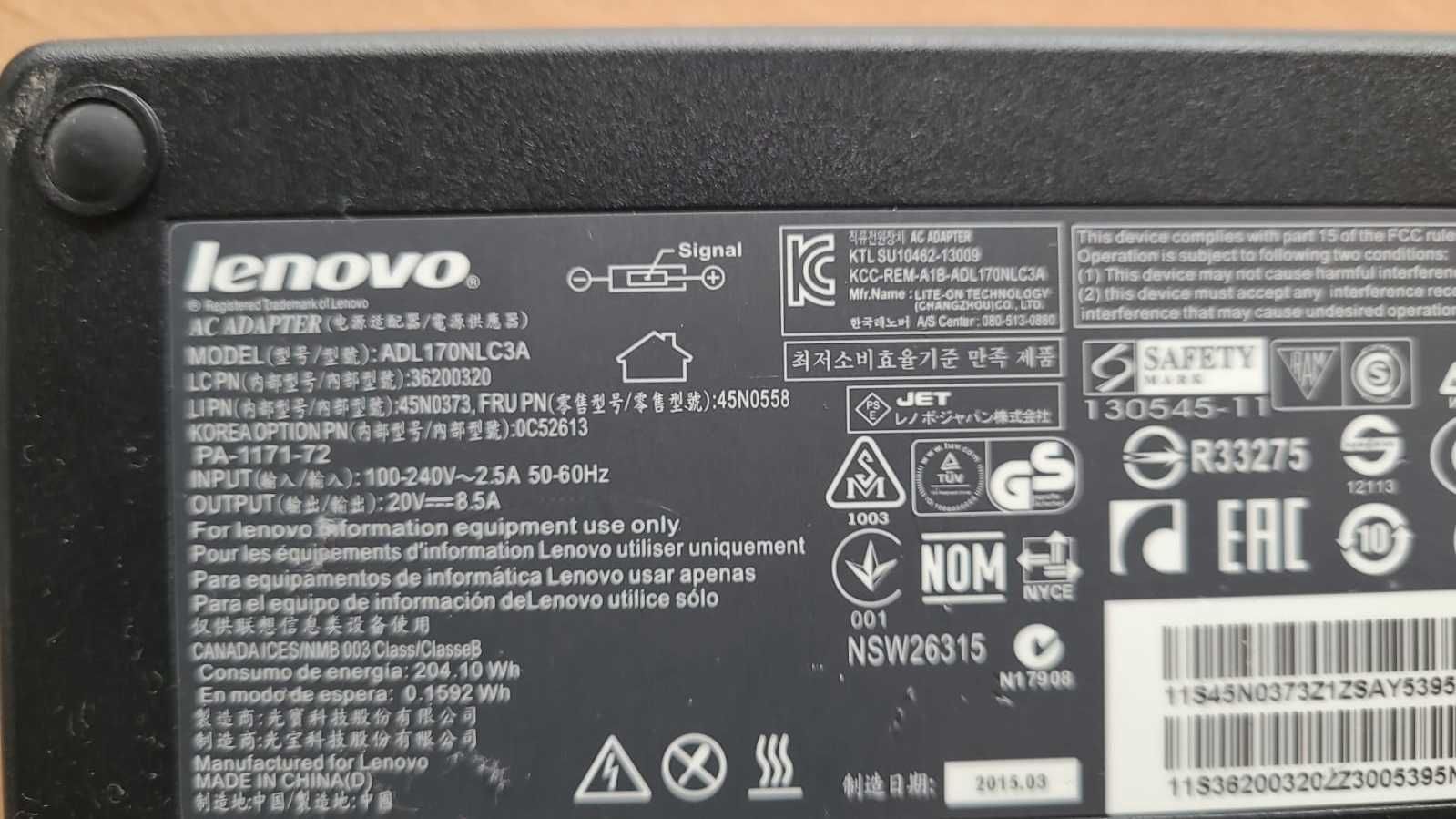 Incarcator Lenovo original  170w , 20v cu 8,5 a , mufa usb galbena