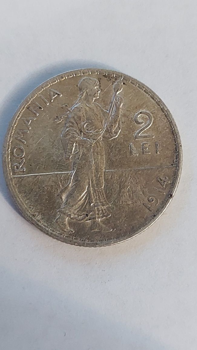 Monedă de argint cu valoarea de 2 lei, din 1914