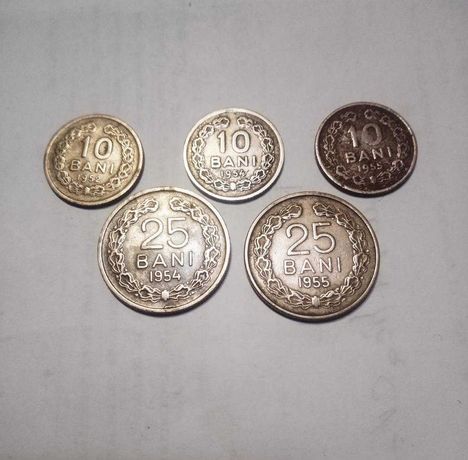 Monede 10 bani 1952, 1954, 1955; 25 bani 1954, 1955 RPR