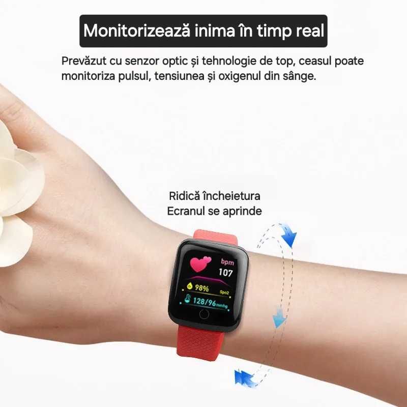 Set smartwatch pătrat+2curele: Roșu-Negru. Apeluri/mesaje/notificări