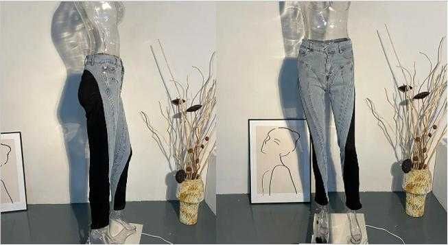 Модел на MUGLER Дънки с Висока Талия и Пачуърк Вталени Разтегаем Модел