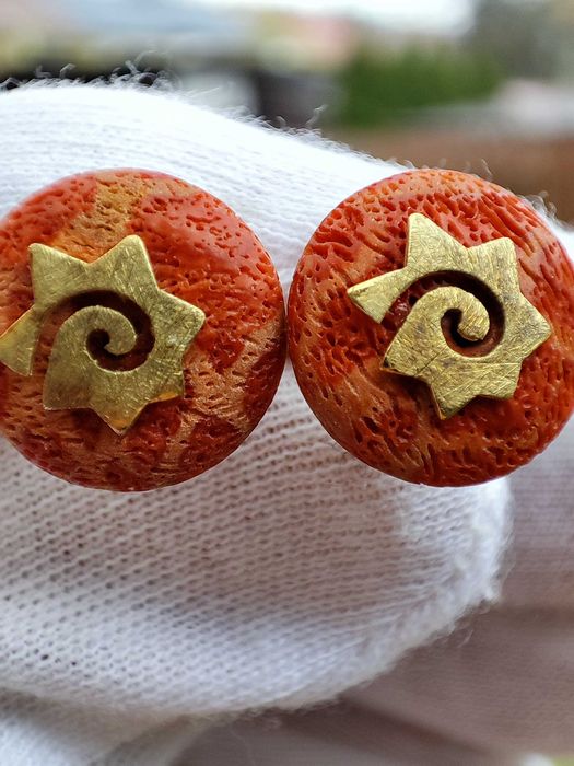 Cercei Aur 14K Cu Coral Organic Recif Natural Spirala Soare Celestial