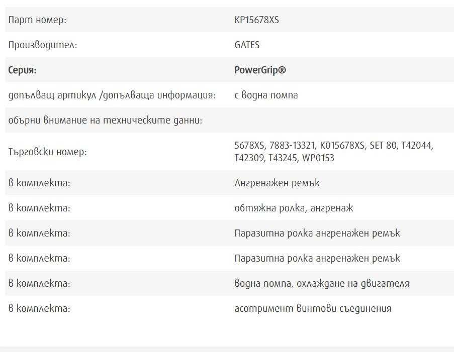 Комплект ангренажен ремък + водна помпа GATES PowerGrip