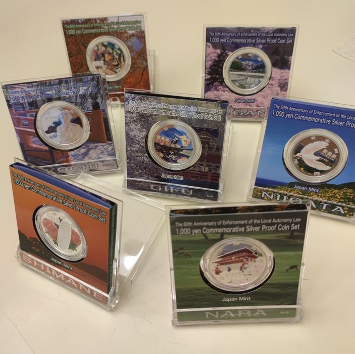 Монеты префектуры Японии серебро 7 штук