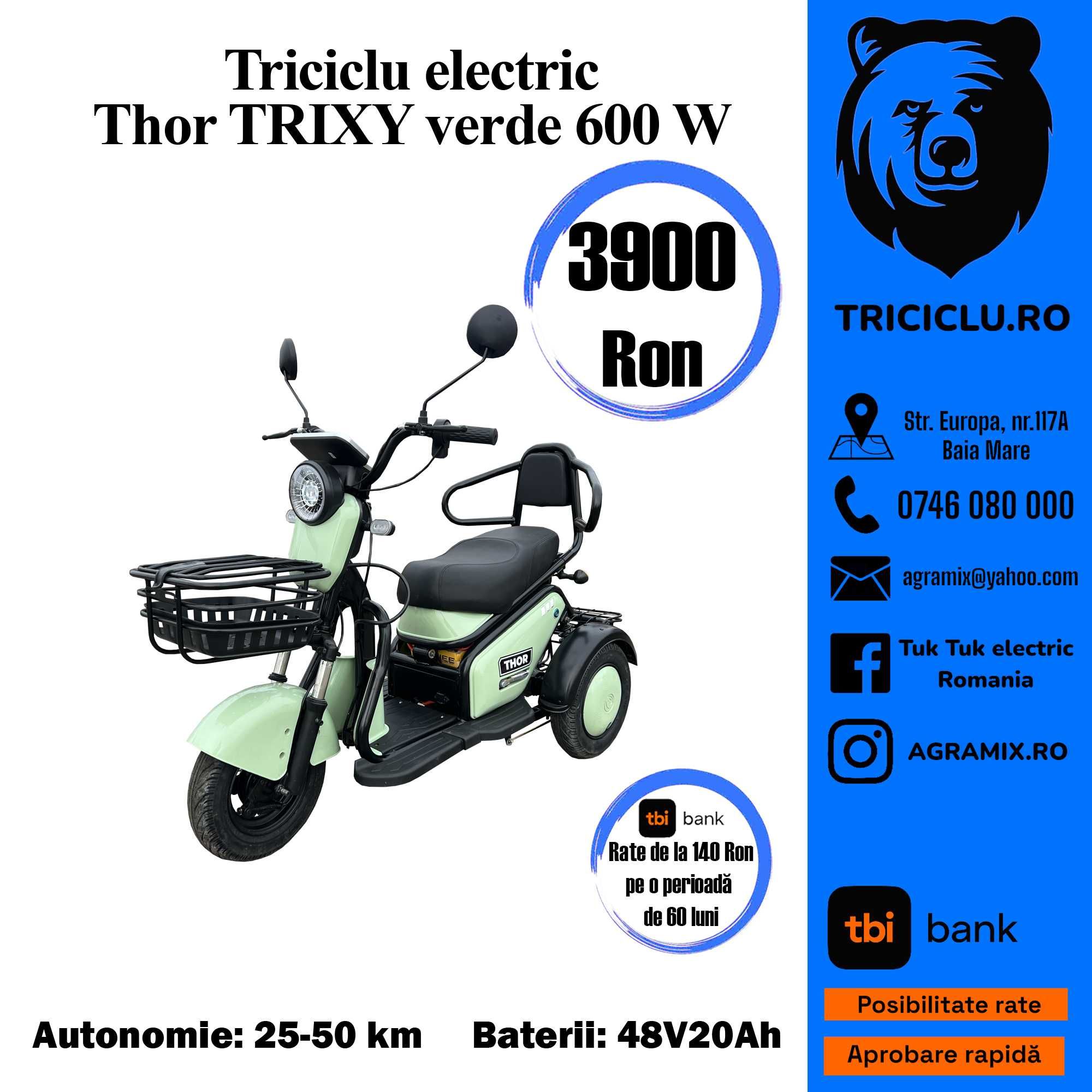Triciclu electric tuk-tuk nou ThorTrixy Agramix