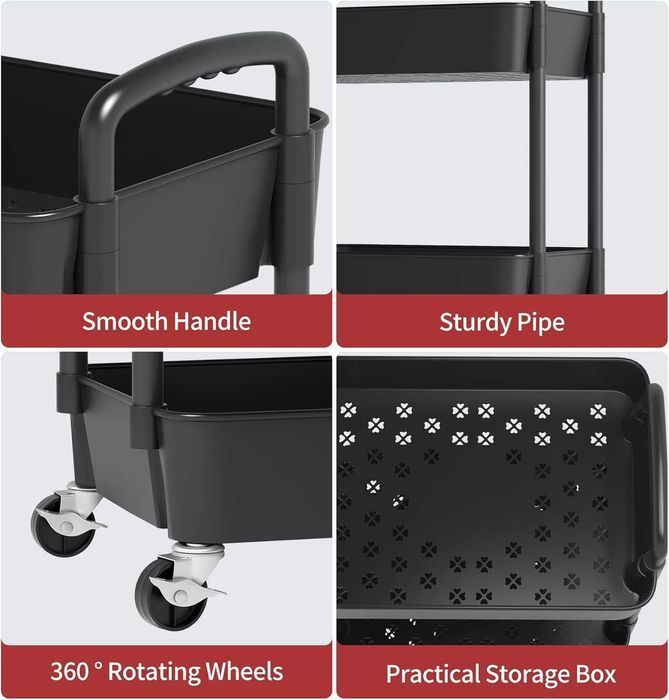 Количка с колела, 4 рафта, 39 x 29 x 104 см, пластмаса/метал, черна