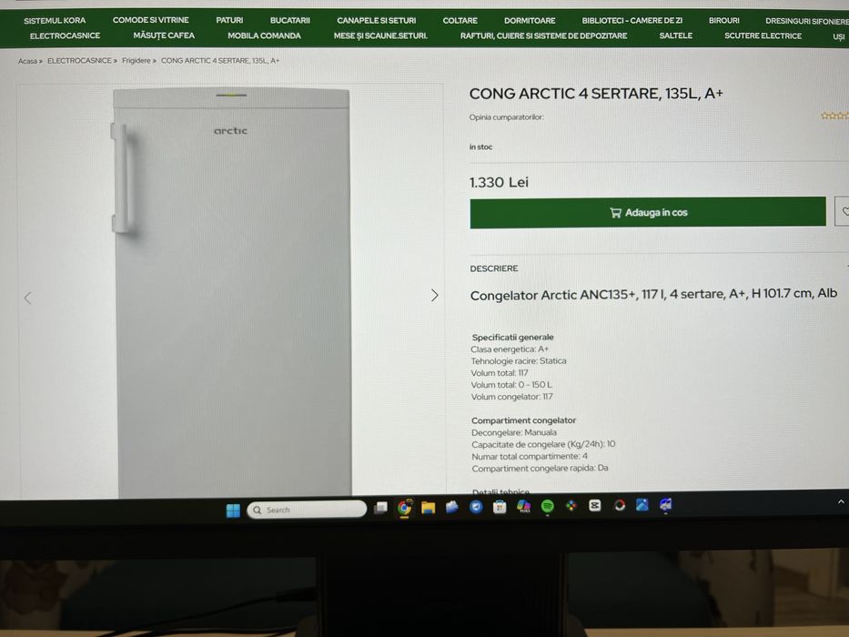 Congelator vertical Arctic 4 sertare, 117 litri