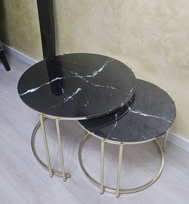 Set masuțe cafea, auriu + sticla negru marmorat