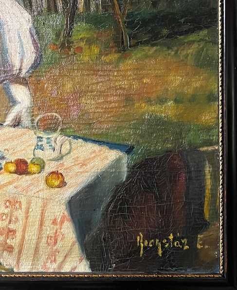 ”În grădină” Toblou foarte VECHI, ulei/cart, semnat, 60x50cm+rama
