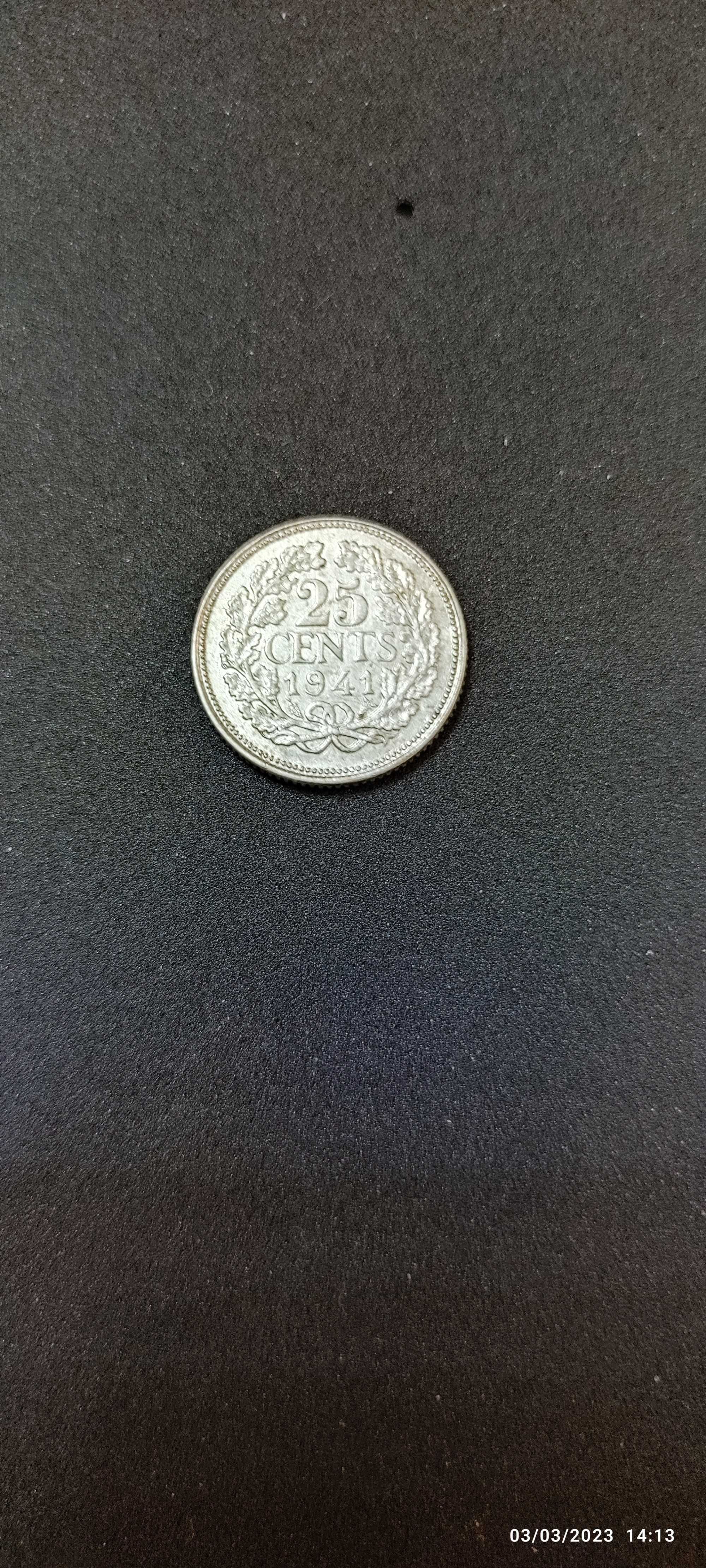 Moneda argint 25 Cents, OLANDA, 1941