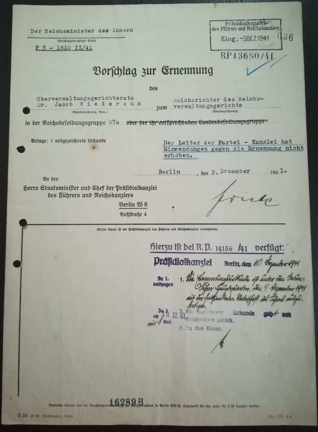 Document semnatura originala ministru interne german Wilhelm Frick