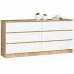 Comodă cu 6 sertare, 160cm, Alb Mat/Stejar