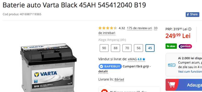 Baterie auto Varta Black 45AH 545412040 B19 NOUA