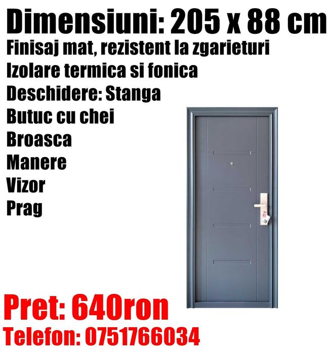 Usa Intrare Metalica Stanga Antracit Apartament Birou SQ 205x88cm