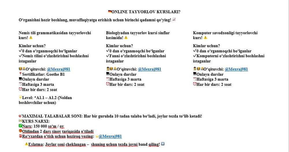 ONLINE TAYYORLOV KURSLARI? Nemis tili Biologiya Komputer savodxonligi