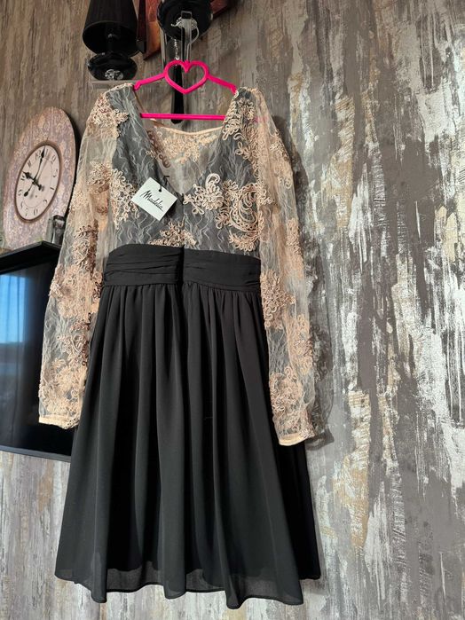 Rochie de seara cu dantela bej  si voal negru NOUA_marime 36