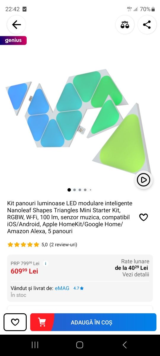 Nanoleaf shapes mini triangles starter kit - 5 panouri NOU