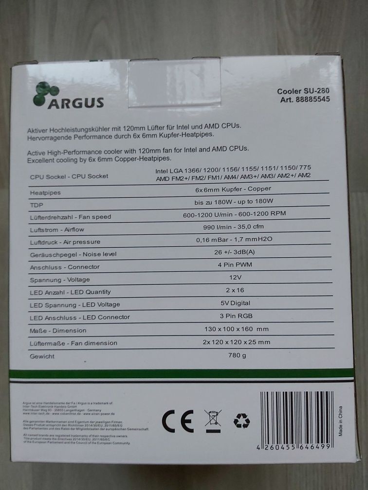 Vând cooler CPU Argus RGB TDP 180W nou