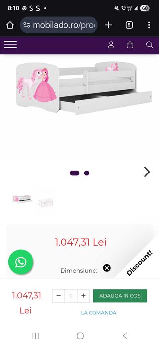 Pat nou pentru copii cu prințesă și ponei 140x70 cm, 900 lei!