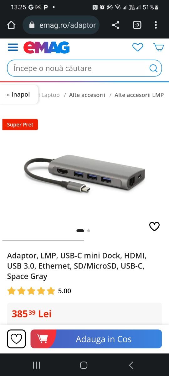 Adaptor, LMP, USB-C mini Dock, HDMI, USB 3.0, Ethernet, SD/MicroSD, US