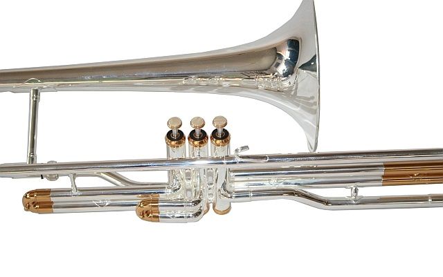 Trombon Bb (Si bemol) 3 pistoane Karl Glaser argintiu cu auriu