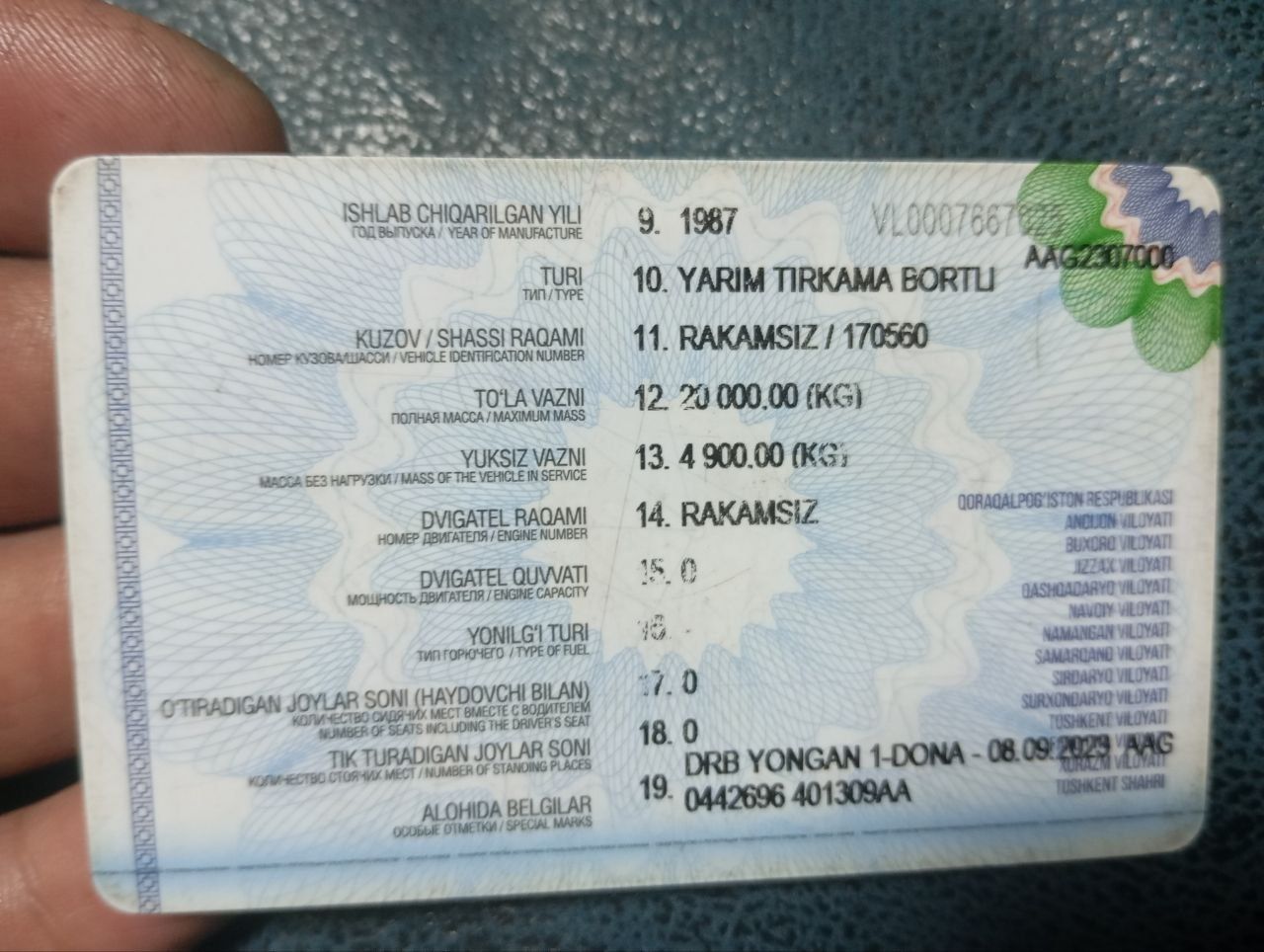 Nomer, tex pasport sotiladi. 300$ kami bor