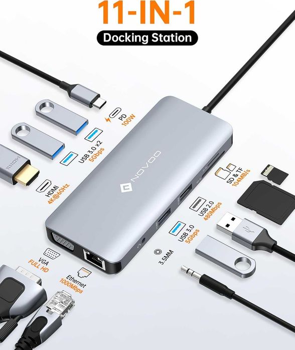 NOVOO R11 нов с много портове за 3 телевизора с USB C 11 в 1 ...