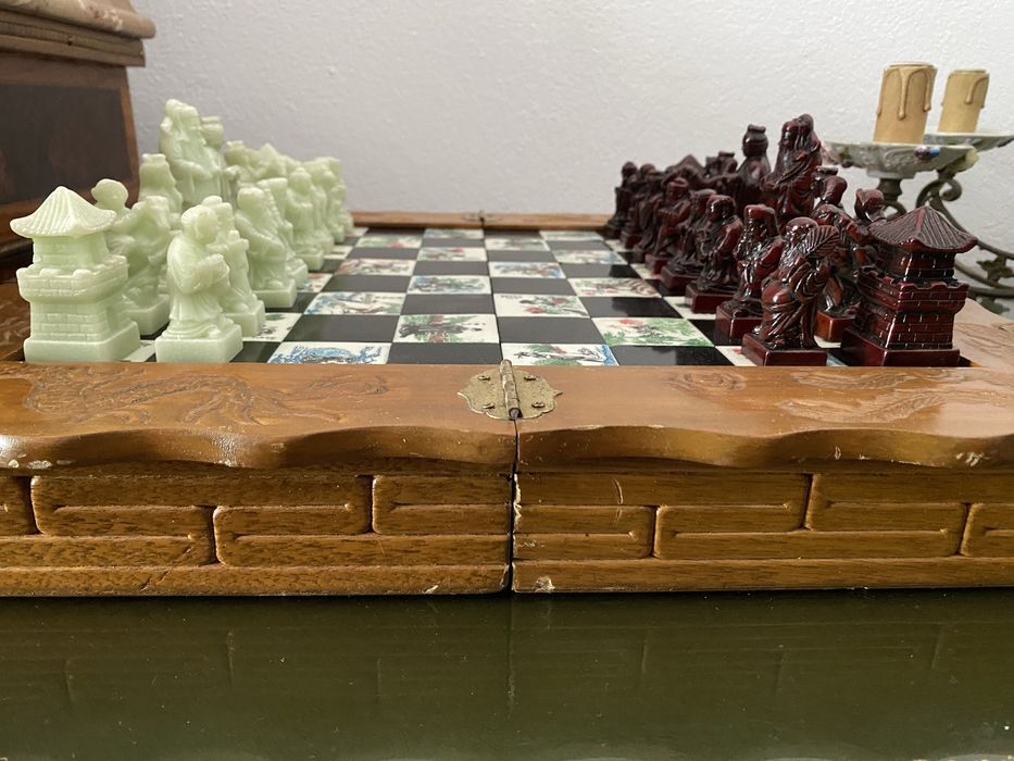 Sah Lemn Masiv Piese Piatra Steatit Vintage