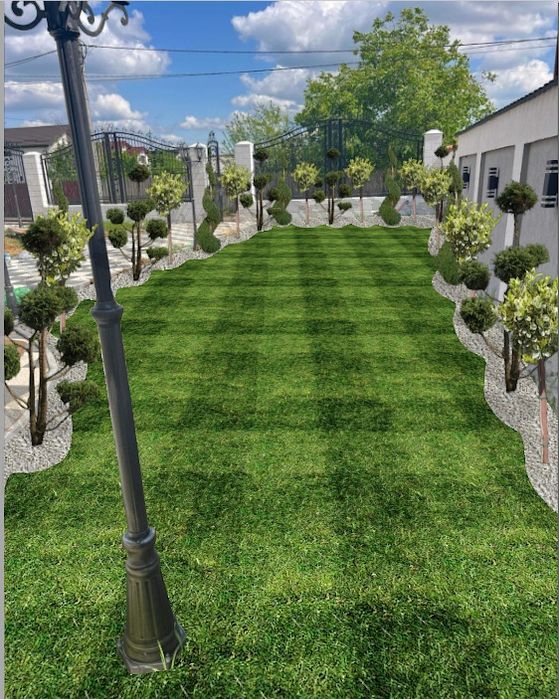 Amenajam Grădini cu plante ornamentale și gazon rulou, proiecte 3D