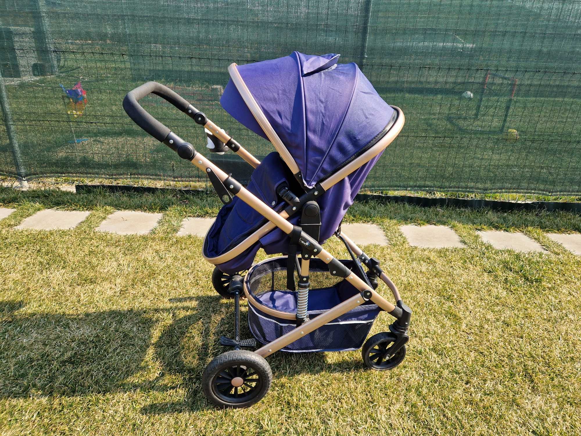 Carucior 2 in 1, dubla suspensie, roata cauciuc, albastru cosmic