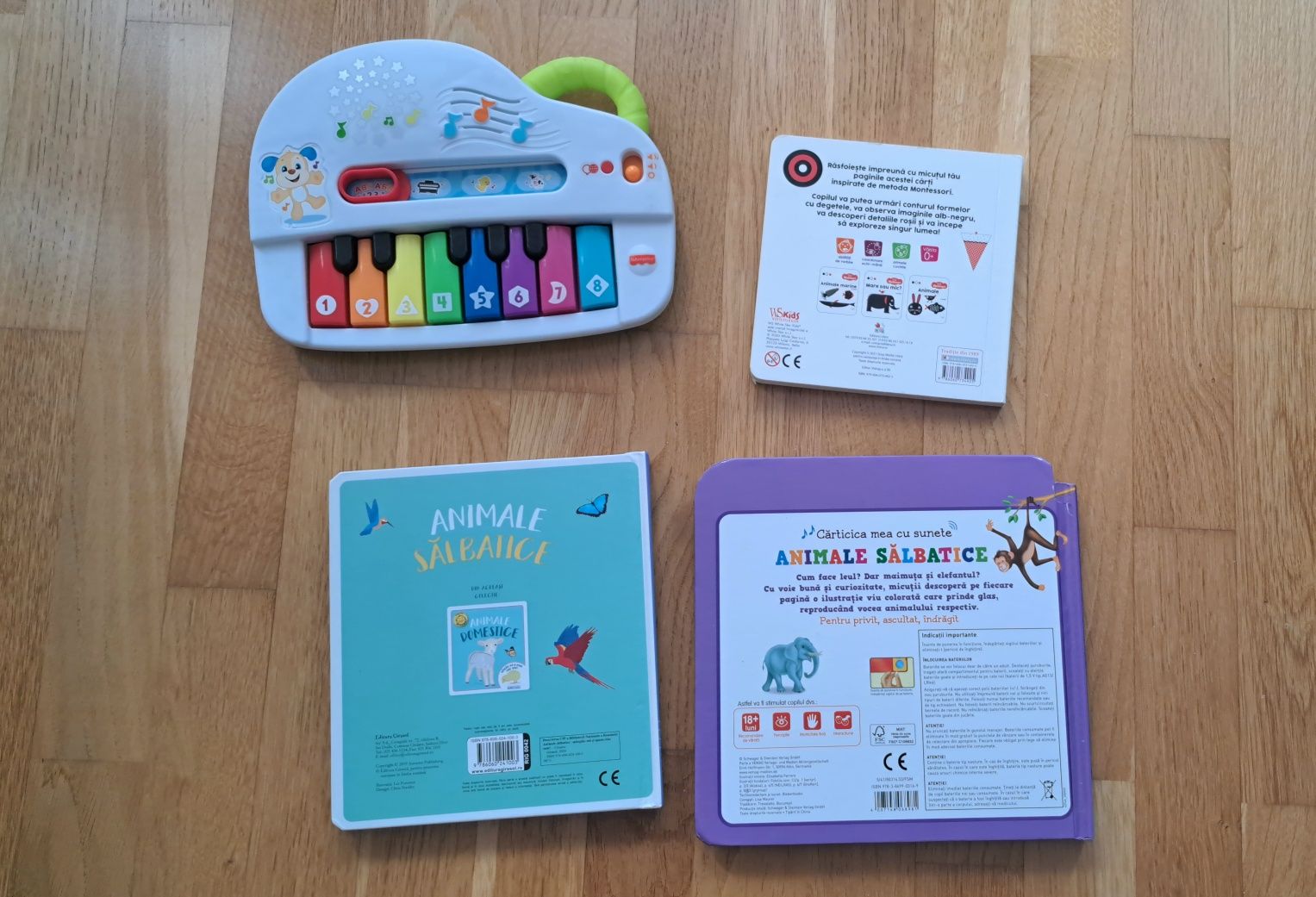 Lot jucării bebe-pian muzical Fisher Price și cărti cu sunete, tactile