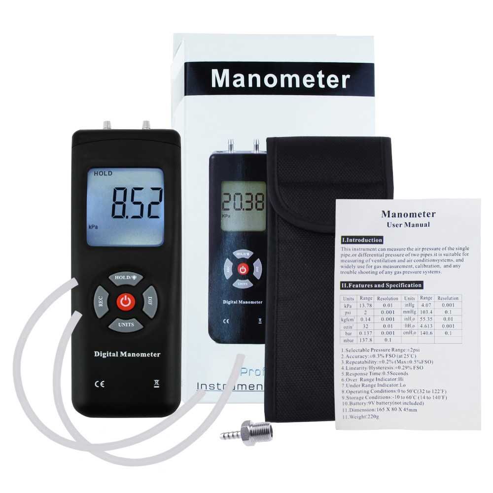 Професионален цифров манометър, ръчен манометър за въздушен вакуум/газ