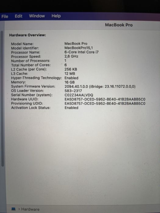 Apple Macbook Pro 15” i7 2.6 Ghz, RAM 16 Gb, SSD 240 Gb (2019) - A1990