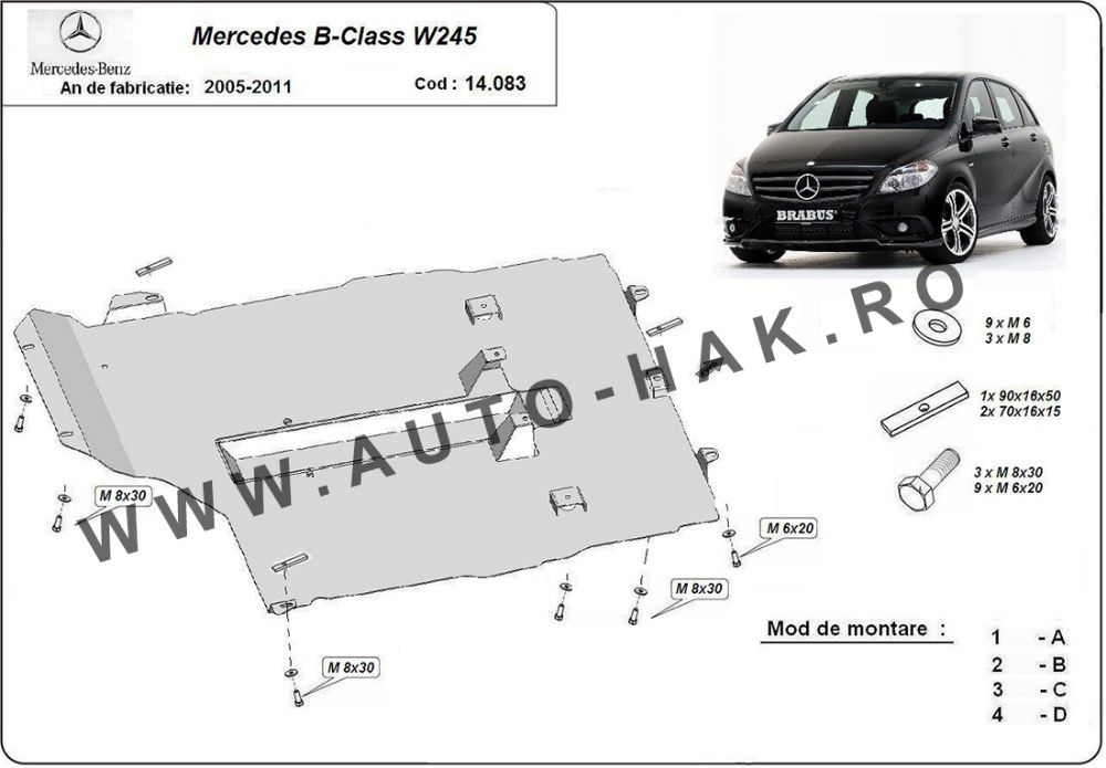 Scut motor metalic Mercedes B-Class W245 2005-2011 - otel 2mm