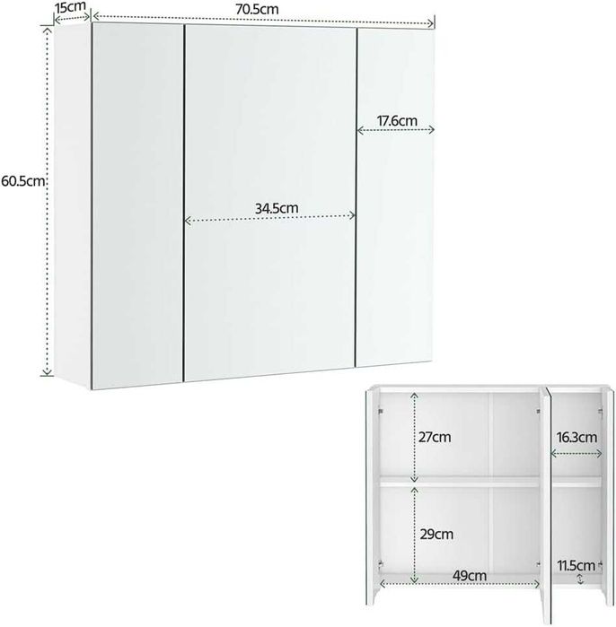 Шкаф за баня с огледало с 3 огледални врати, 15x70.5x60.5 см, бял 301